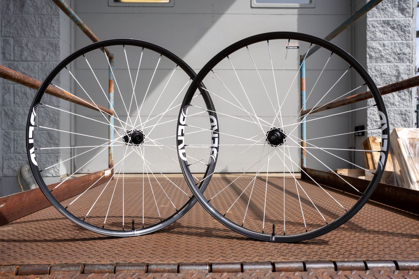 A pair of Berd wheels built with white PolyLight spokes