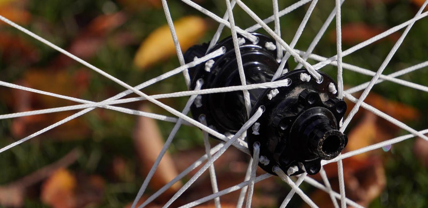 Close-up of Berd PolyLight spokes laced to a hub